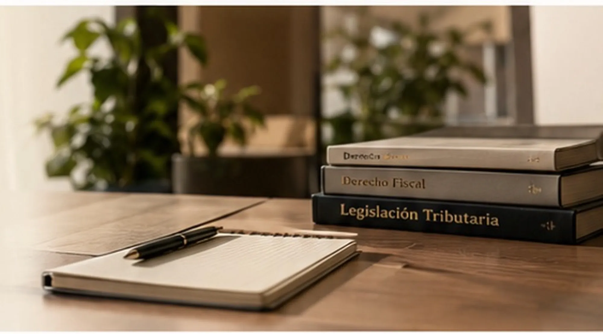 Mesa de trabajo con libros de derecho fiscal y legislación tributaria