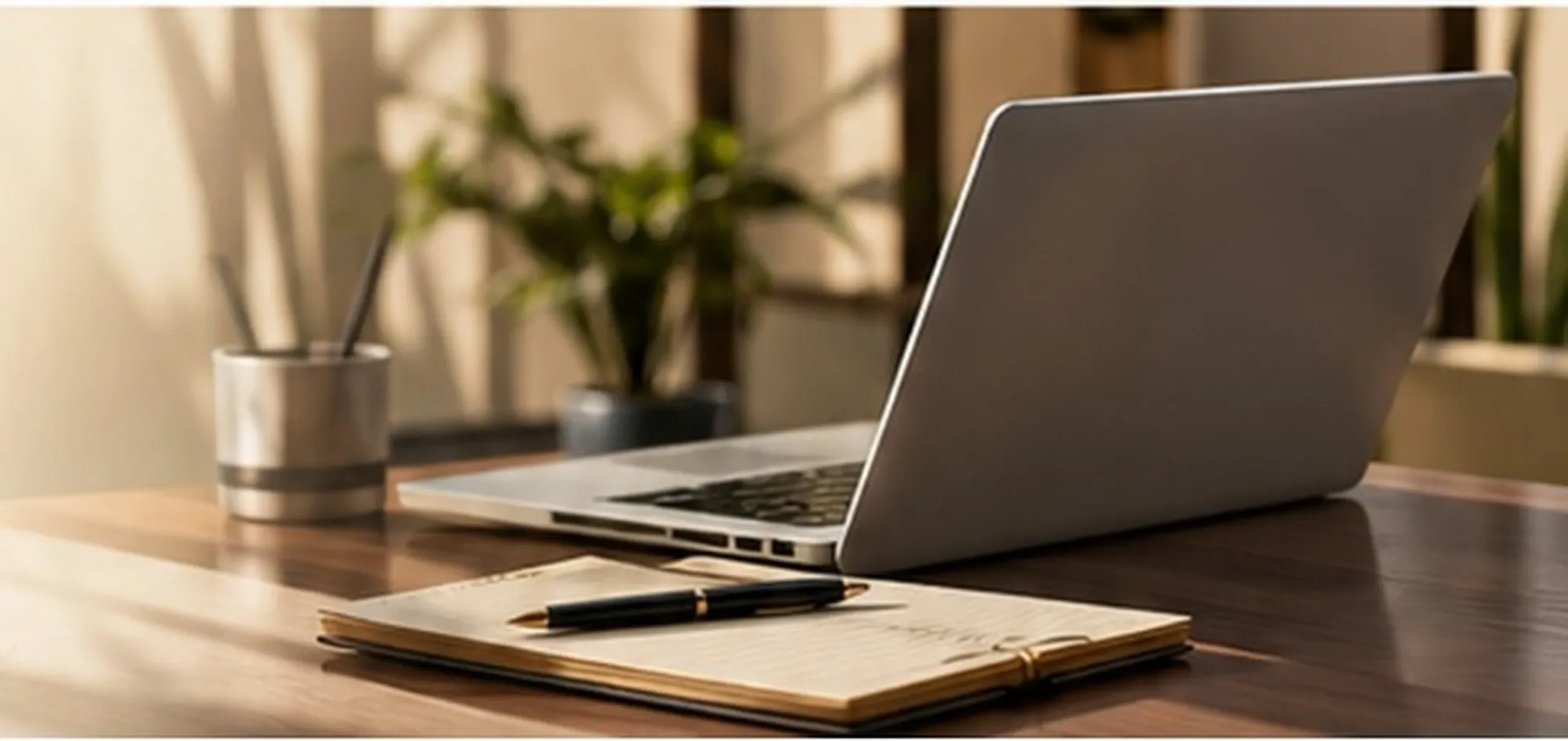 Escritorio de trabajo con equipo de cómputo, libreta y luz natural